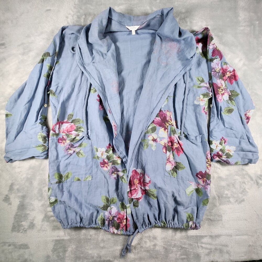 Coral Bay Linen Open Front Cardigan Jacket 2X Blue Floral Drawstring Breathable